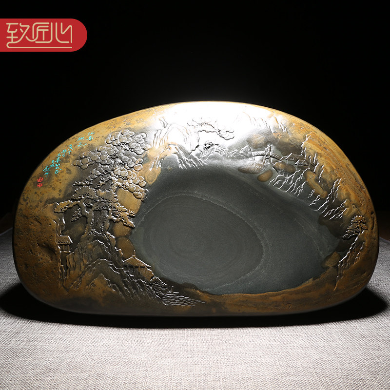 匠心非遗大师砚台 天然原石俏色巧雕歙砚龙尾山老坑金晕籽石文房高档砚台摆件文房收藏送礼佳品四大名砚之一