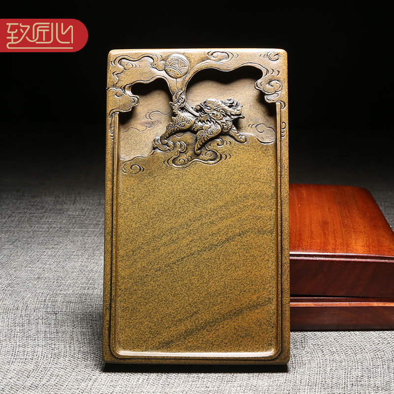 匠心非物质文化遗产柯崇大师作品 老坑砚台天然龙尾山原石精手工雕刻 用品歙砚老坑黄鱼籽配樟木盒麒麟献瑞