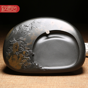 匠心非遗歙砚名师作品/访友图/老坑金晕原石籽料歙砚端砚礼品文房四宝砚台收藏送礼佳品摆件砚台配礼盒精手工