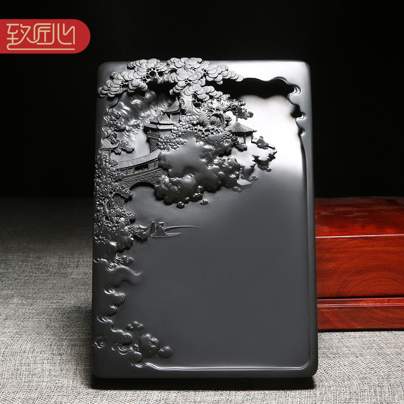 徽州名砚名师许亚祥砚台天然原石歙砚《山水如画》龙尾山老坑黑龙尾籽料浮雕高档摆件端砚收藏送礼佳品配木盒