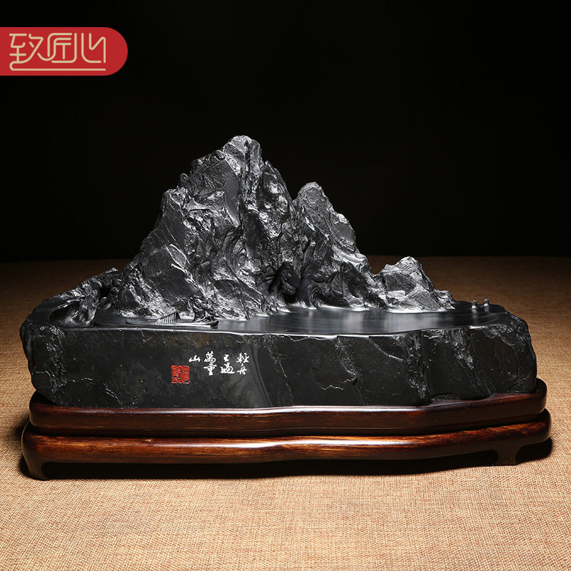 匠心非遗孤品歙砚大师手工制《轻舟已过万重山》四大名砚台文房四宝书法龙尾山黑龙尾籽料天然原石高档摆件