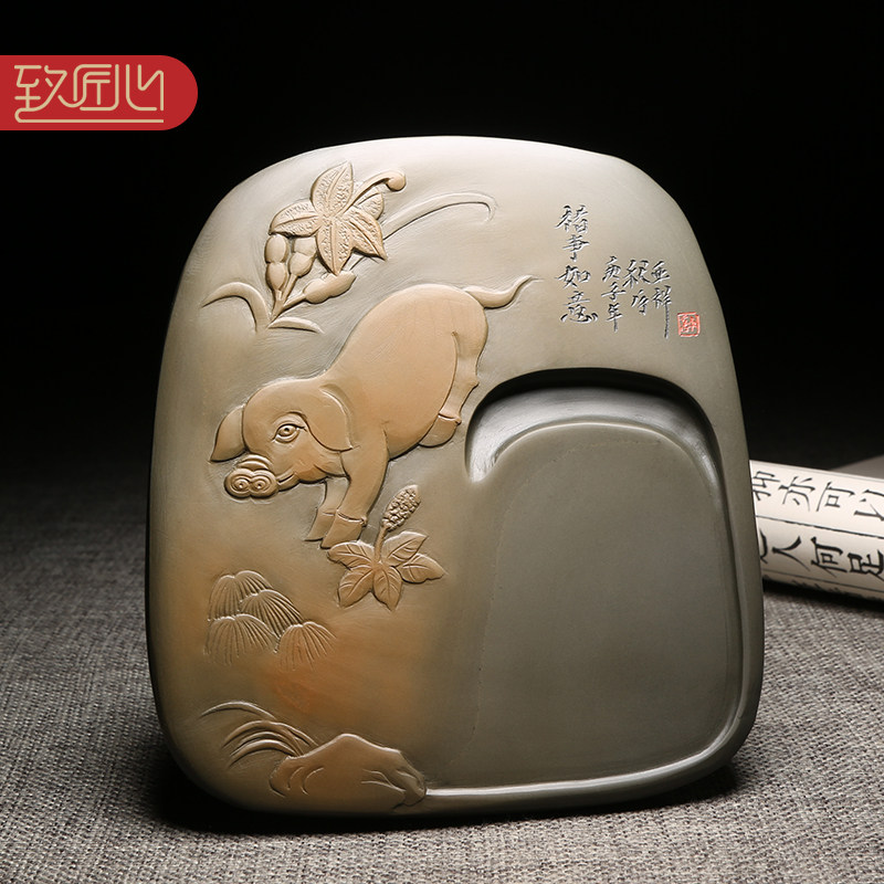 匠心非遗大师制砚精手工作品/诸事如意/俏色巧雕老坑金晕高档歙砚龙尾山原石文房四宝四大名砚书房摆件收藏