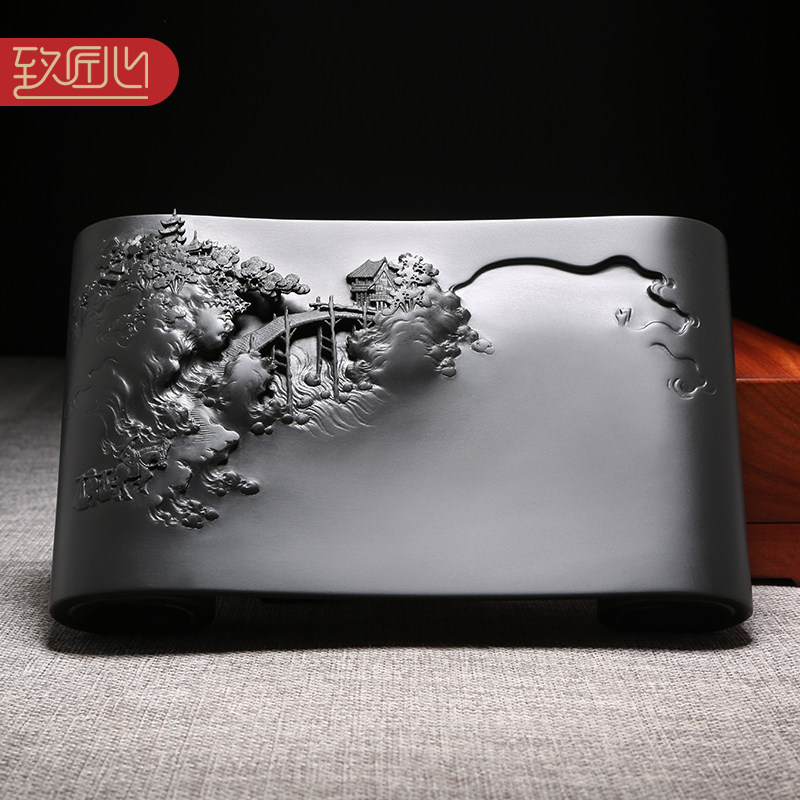 徽州名砚名师许亚祥原创书案砚台天然原石歙砚龙尾山老坑黑龙尾籽料立体浮雕高档摆件端砚收藏送礼佳品配木盒