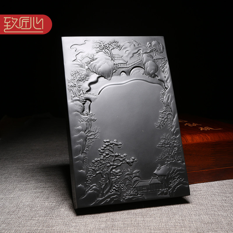 匠心非遗技艺 传承匠心制砚天然原石砚台歙砚8英寸长方山水安徽特产实用收藏高档老坑砚台兼端砚礼品砚配木盒