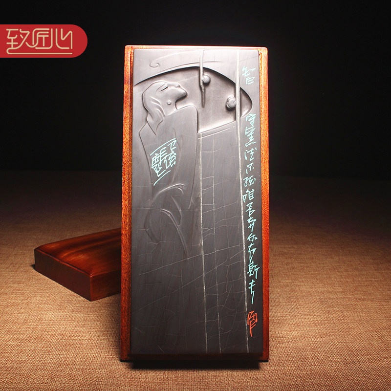 名家砚台方见尘歙砚《月夜》老坑白眉龟甲纹正品龙尾砚老坑砚台手工雕刻成型 文房四宝砚台收藏送礼大师亲制