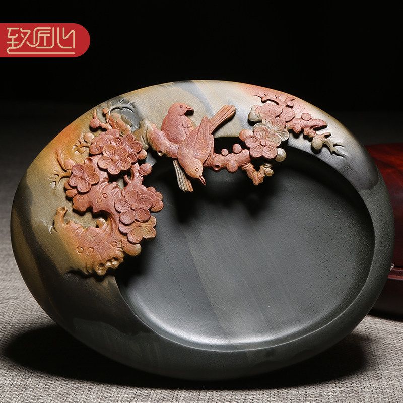 匠心非遗歙砚大师作品《喜上梅梢》天然原石砚台老坑金晕砚石名师精手工雕刻高档收藏安徽歙砚老坑配木盒证书
