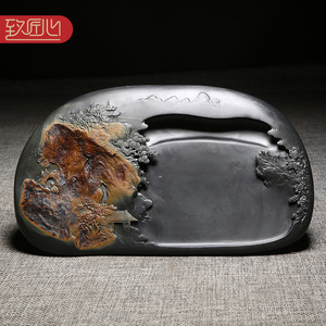 匠心非遗大师作品/秋山寻趣/手工雕刻天然老坑金晕籽料原石歙砚四大名砚砚台浮雕高档次文房四宝收藏送礼佳品