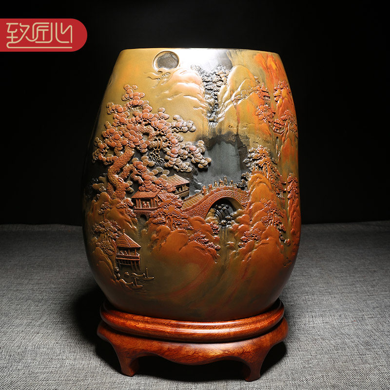 匠心非遗大师制砚精细作品/江南胜境/意境砚台高档歙砚龙尾山老坑金晕原石办公室书房大气立体摆件收藏送礼