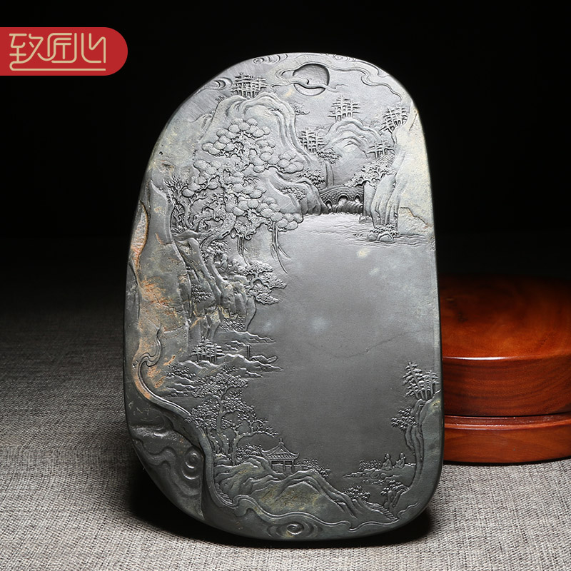 匠心非遗歙砚大师创意匠心作品《紫气东来》天然原石砚台老坑金晕砚石精手工雕刻成型收藏老坑砚台安徽歙砚