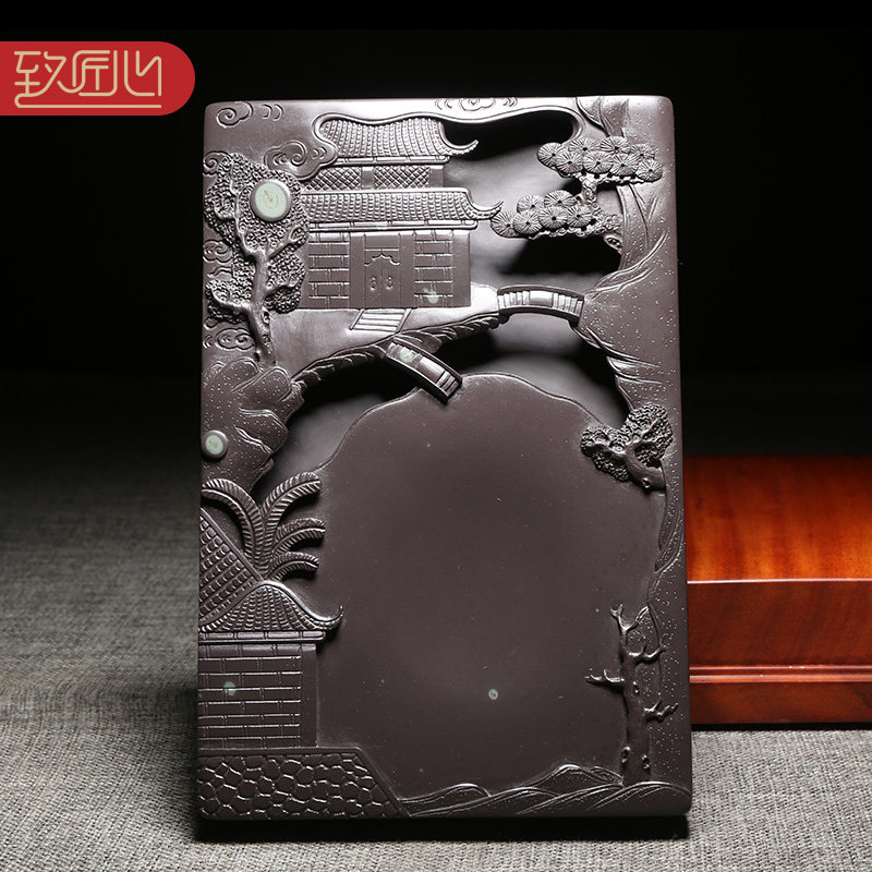 匠心非物质文化遗产柯崇大师作品湖山胜景老坑砚台天然龙尾山原石精手工四大名砚高档歙砚黄鱼籽砚台收藏送礼
