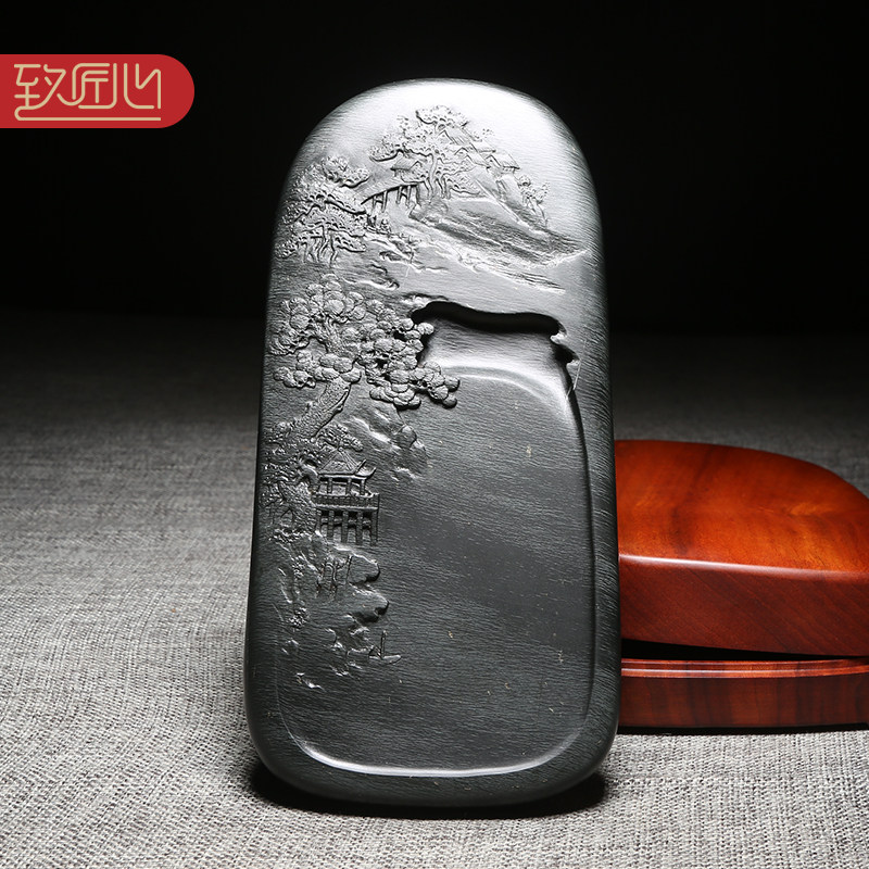 名师歙砚作品/湖光山色/精手工雕刻天然原石老坑眉纹收藏送礼佳品文房实用匠心孤品砚台龙尾山眉子坑收藏馈赠