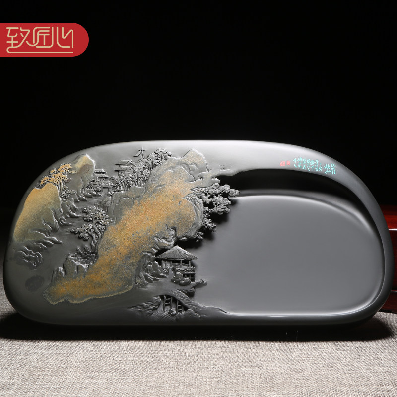 匠心非遗名师名砚孤品大师安徽砚台高档文房四宝天然原石老坑金晕籽料歙砚珍藏f浮雕送礼精手工砚/江南秋色