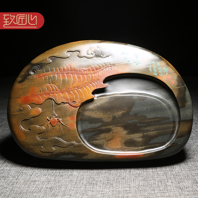 匠心非遗大师制砚精手工作品/知足常乐/俏色巧雕老坑金晕高档歙砚龙尾山原石文房四宝四大名砚书房摆件收藏