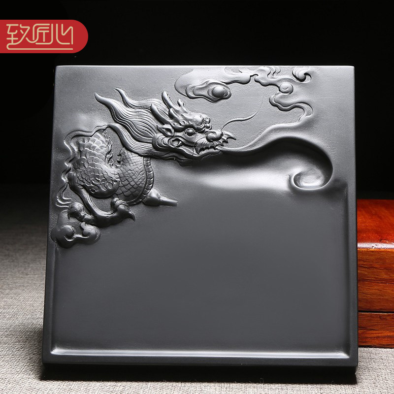 匠心非遗歙砚名师作品歙砚安徽天然原石老坑黑龙尾砚台文房四宝收藏送礼高档实用手工雕刻匠心制/虎/凤凰/龙