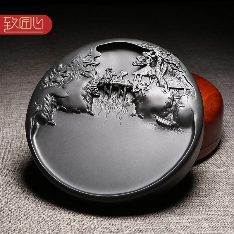 四大名砚之—浮雕砚台老坑黑龙尾天然原石高档圆形长方龙尾砚端砚礼品