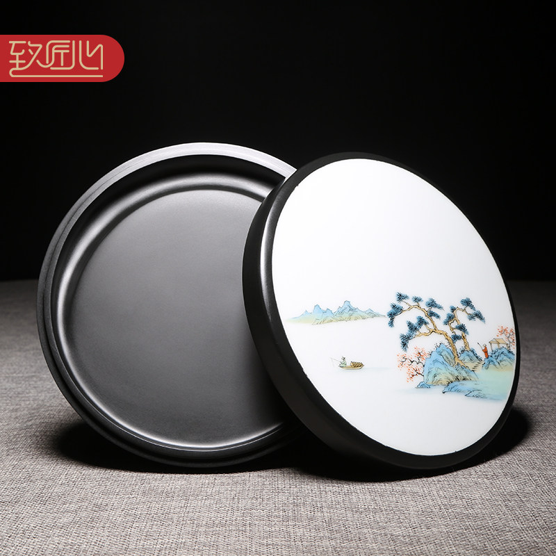 匠心非遗名师新中式创意素池砚镶嵌手绘景德镇瓷片天然黑龙尾歙砚实用老坑龙尾砚高档圆形带盖原石砚台摆件