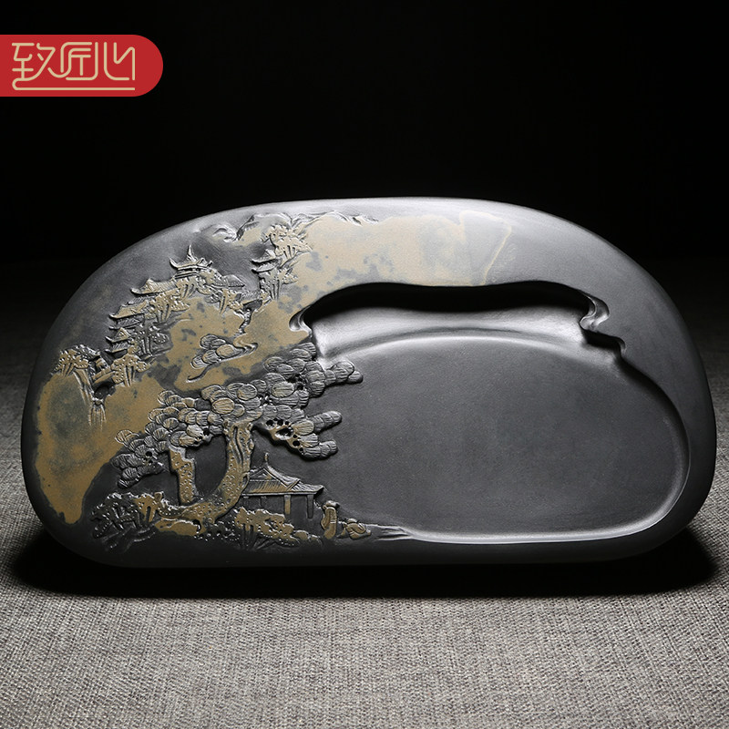 【名师名砚】大师精手工雕刻精品天然原石老坑金晕籽料意境高档山水砚台摆件歙砚端砚送礼佳品书法国画研墨用