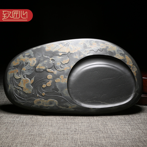 匠心非遗名师名砚《金玉满堂》安徽砚台高档大师文房四宝天然原石老坑金晕籽料歙砚珍藏礼品送礼佳品配木盒
