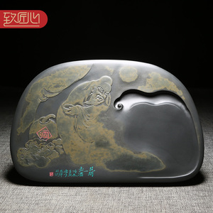 匠心非遗歙砚名师精手工雕刻作品花间一壶酒老坑原石金晕天然砚台文房收藏大气高档摆件送礼佳品礼盒四大名砚