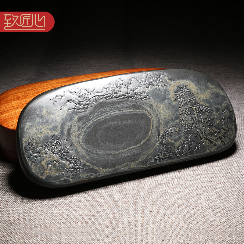 匠心非遗歙砚名师许亚祥作品/湖光秋色/金晕籽料老坑天然原石砚台收藏高档送礼佳品优端砚四大名砚之一配木盒