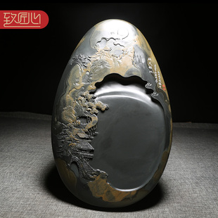 名师名砚/匠心非遗歙砚大师作品/洞天福地/精手工立体浮雕老坑金晕籽料砚台文房办公室高档摆件送礼佳品收藏