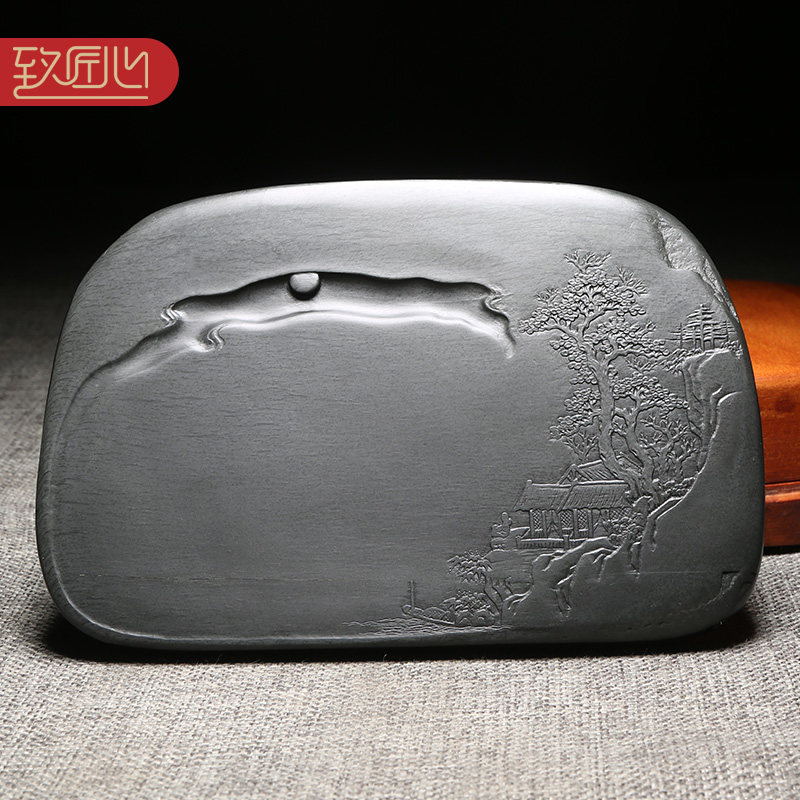 匠心非遗名师许亚祥歙砚手工雕刻老坑罗纹精品作品四大名砚之一龙尾山老坑原石高档砚台收藏烟江初晓配木盒