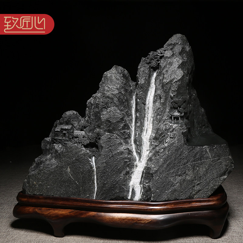 匠心非遗传人名师创意《飞流直下三千尺》天然原石白石英老坑黑龙尾歙砚歙县高档砚台俏色巧雕山水收藏送礼