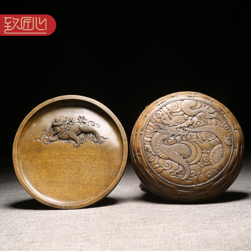徽州歙砚大师柯崇砚台作品《吉祥如意》天然原石老坑黄鱼籽四大名砚之一高档砚台端砚精手工满工带盖仿古收藏