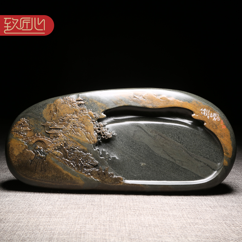 匠心非遗歙砚名师许亚祥作品/江南秋色/金晕籽料老坑天然原石砚台收藏高档次摆件送礼佳品优端砚四大名砚之一