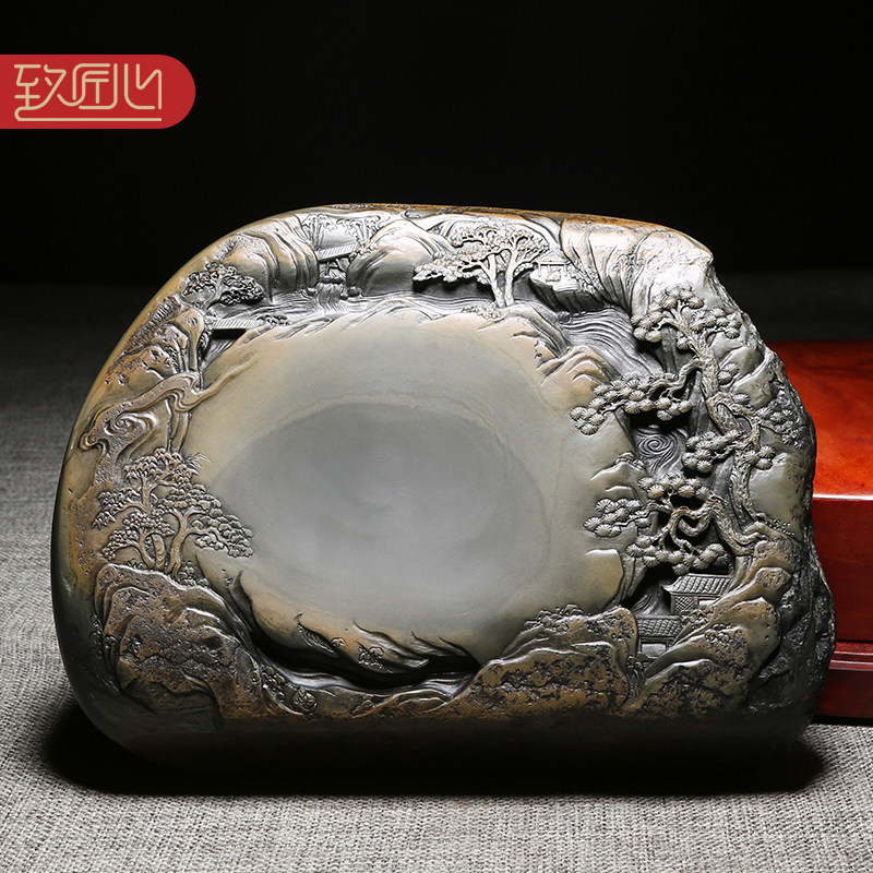 【典藏珍品】匠心非遗名师歙砚天然原石龙尾山金晕籽料砚台安徽歙砚高档手工雕刻老坑文房礼品收藏砚大气摆件