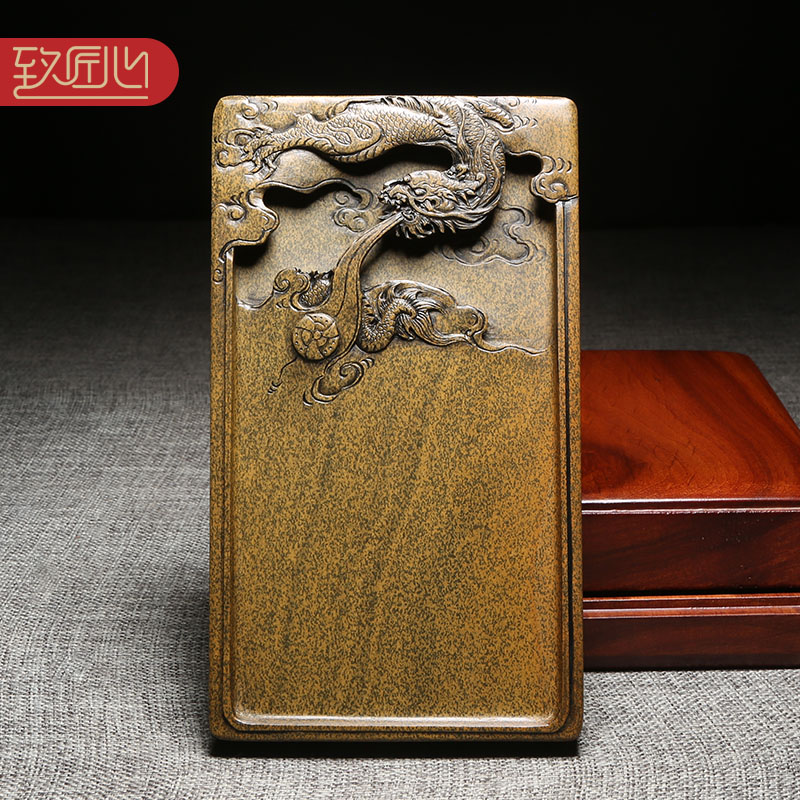匠心非物质文化遗产柯崇大师作品 老坑砚台天然龙尾山原石精手工雕刻 用品歙砚老坑黄鱼籽配樟木盒祥龙献瑞