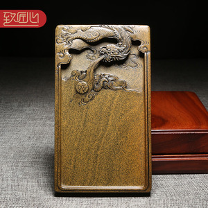 匠心非物质文化遗产柯崇大师作品 老坑砚台天然龙尾山原石精手工雕刻 用品歙砚老坑黄鱼籽配樟木盒祥龙献瑞