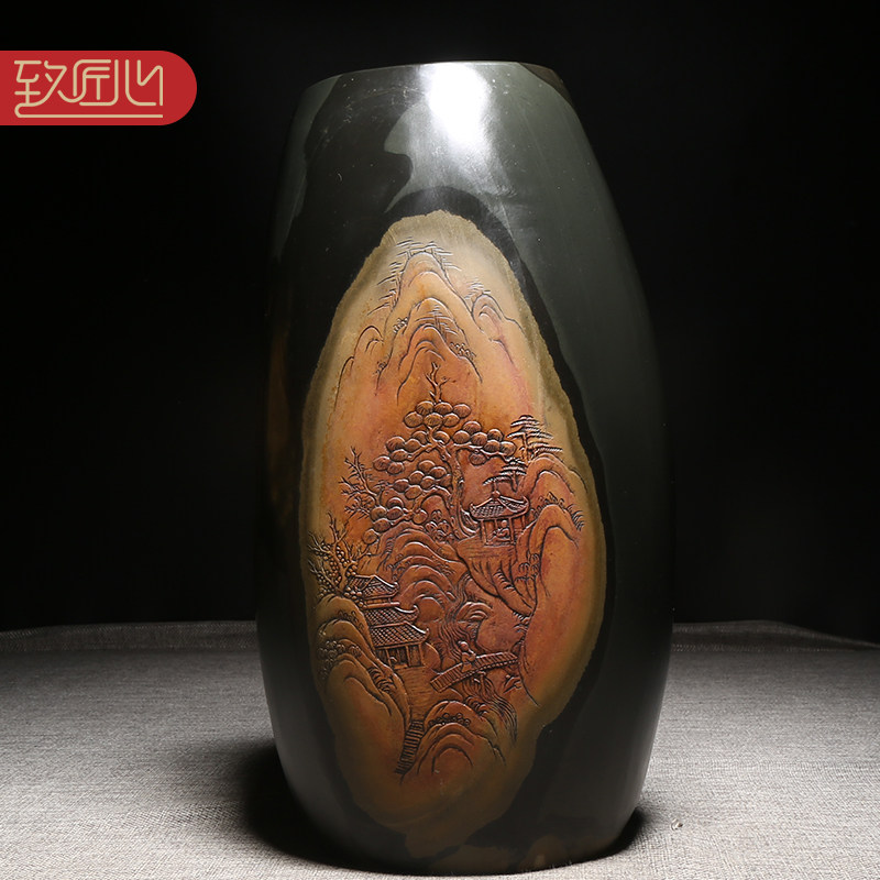 歙砚名师作品《江南秋韵》花插笔筒收藏送礼摆件手工大师匠心制砚龙尾山老坑金晕原石浮雕摆件办公室书房