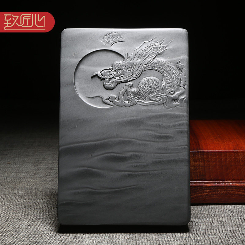 匠心非物质文化遗产柯崇大师作品 老坑砚台天然龙尾山原石精手工雕刻高档歙砚老坑眉纹配樟木盒祥龙献瑞
