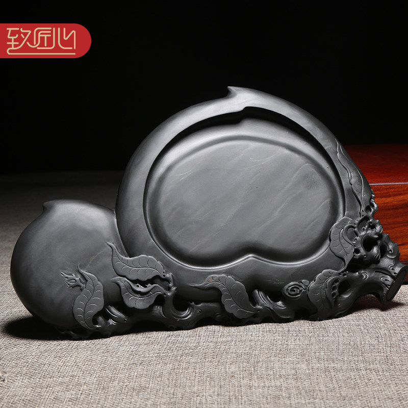 非遗传承歙砚名师许亚祥作品《福寿双全》手工雕刻原石天然龙尾山眉纹老坑籽石文房四宝高档祝寿过寿送礼木盒