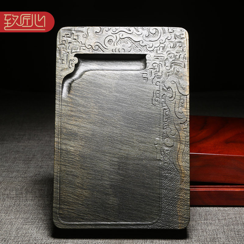 匠心非遗名师许亚祥歙砚手工雕刻老坑眉纹精品作品/汉风砚/龙尾山老坑原石高档匠心精雕素砚台收藏礼品磨墨砚
