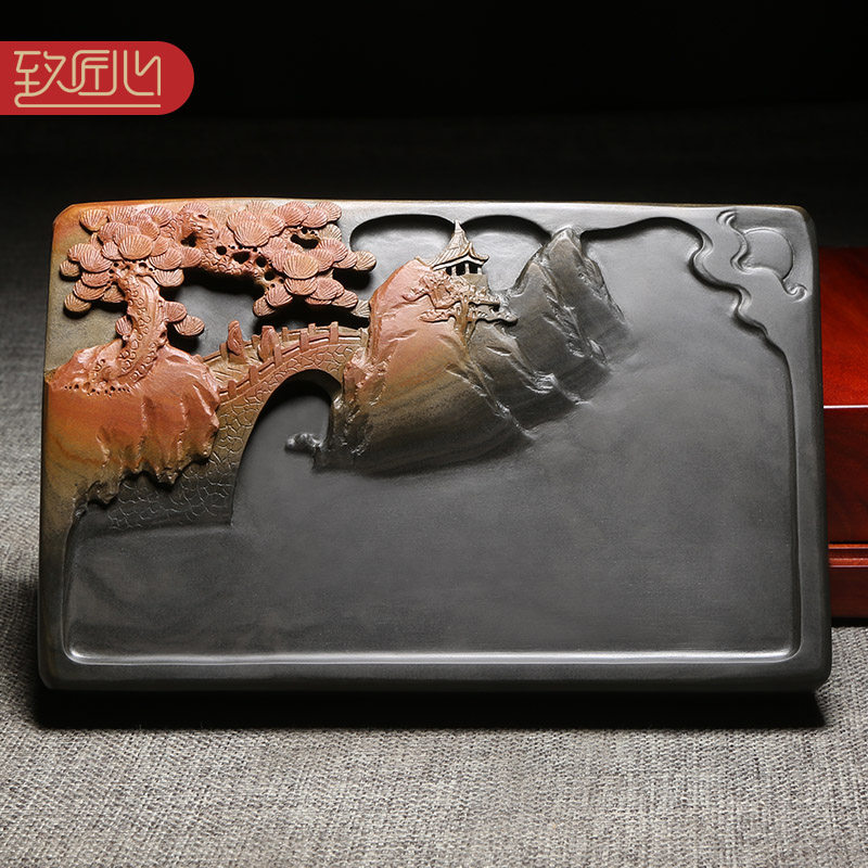 匠心非遗工艺美术师名师手工作品《松山胜境》精选歙砚老坑金晕籽料原石砚台四大名砚摆件送礼佳品收藏馈赠