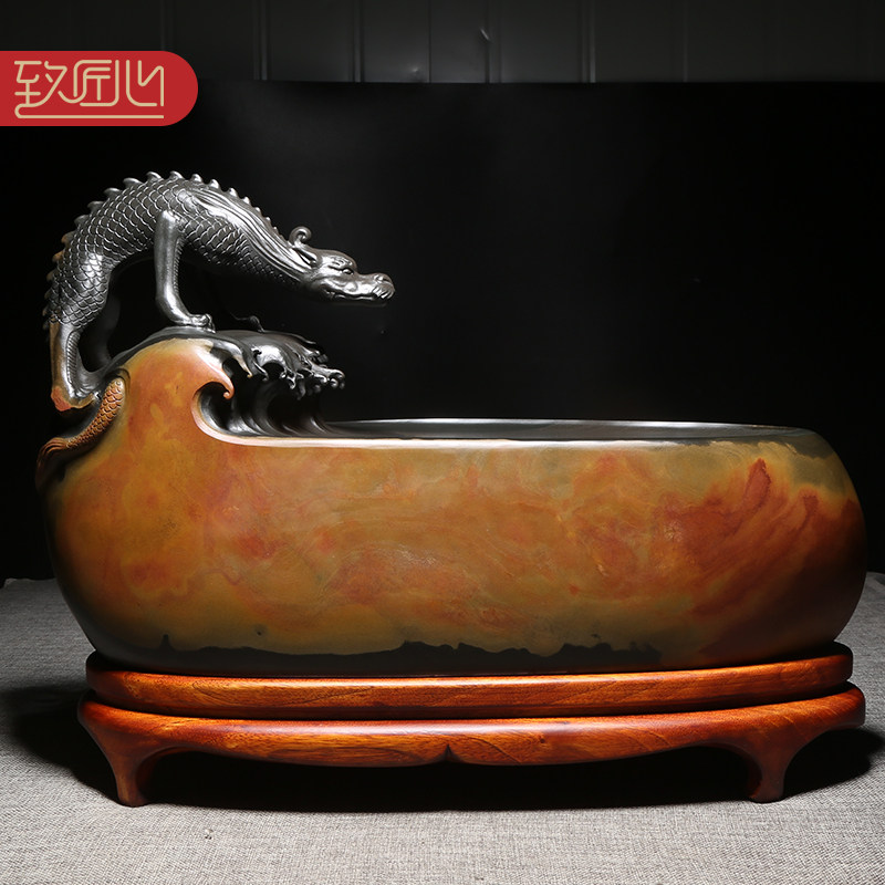 非遗歙砚名师柯崇大师手工雕刻作品《螭龙》浮雕摆件龙尾山天然金晕原石文房四宝摆件收藏砚大气档次砚台