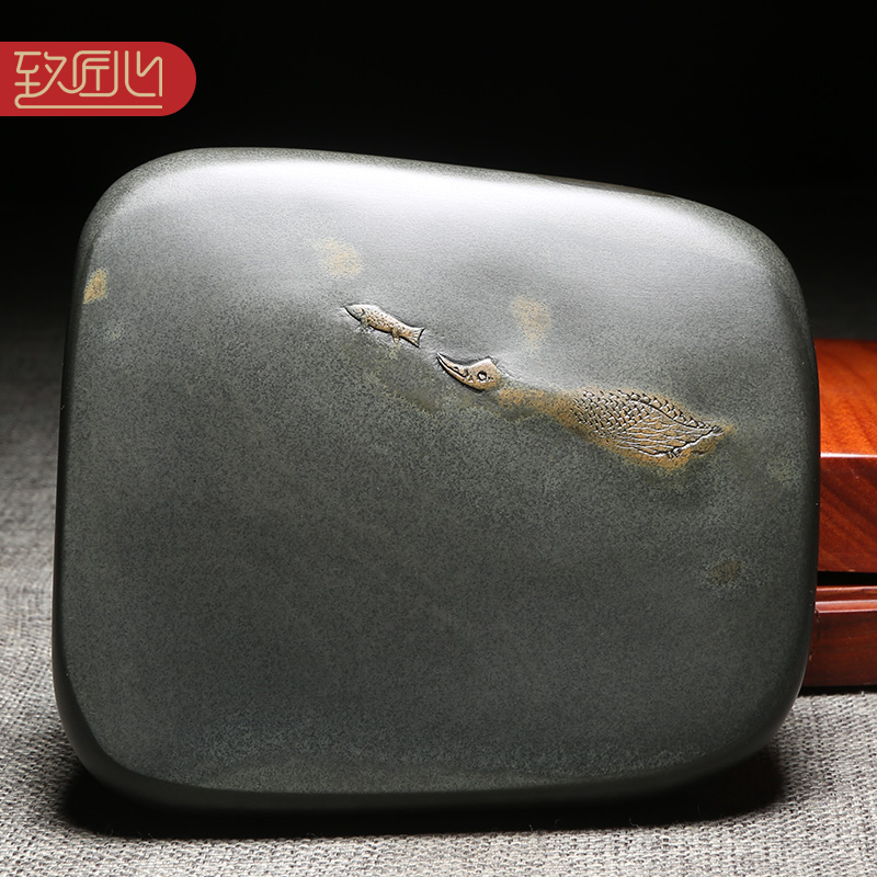 匠心非遗歙砚大师创意匠心意境作品《趣》天然原石砚台老坑金晕砚石精手工雕刻成型收藏老坑砚台安徽歙砚木盒