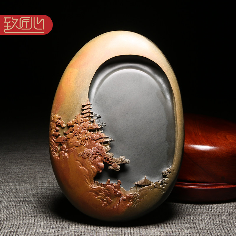 匠心非遗大师制砚精手工作品《江南秋韵》精雕砚台龙尾山金皮籽料老坑立体浮雕摆件高档次收藏送礼佳品配木盒
