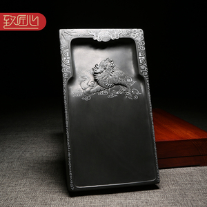 匠心非遗歙砚大师作品/龙戏珠/精手工仿古神兽题材籽料龙尾老坑砚台文房摆件送礼佳品收藏高档浮雕配木盒