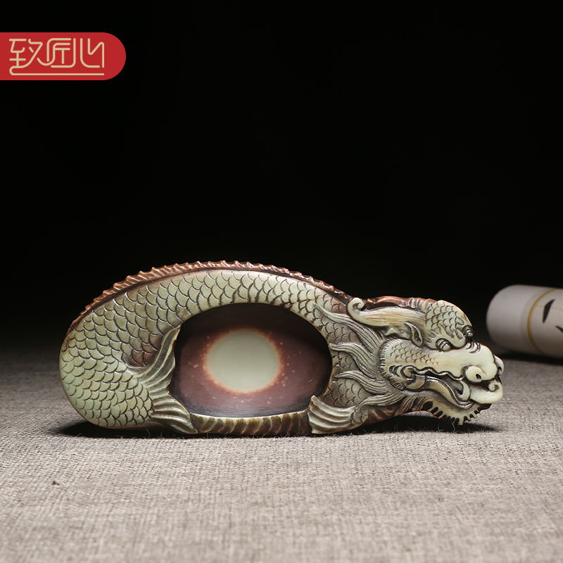 徽州歙砚名师技艺作品《鱼化龙》天然原石紫袍玉带玉石手工砚台紫袍玉黛名砚小楷砚台高档收藏把玩小巧