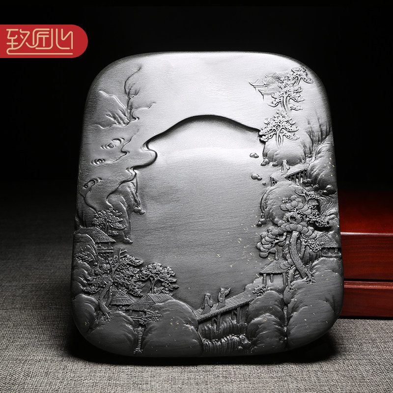 维新歙砚名师许亚祥匠心作品文房四宝自然山水手工制砚龙尾山老坑水波金星籽料原石收藏送礼佳品高档书画砚