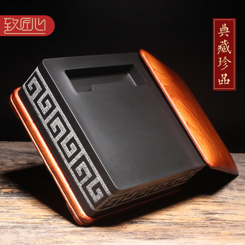 【名师名砚】匠心非遗匠心雕刻高档歙砚仿宋回纹素池砚《万事如意》原石老坑精品黑龙尾正方砚台收藏送礼之选