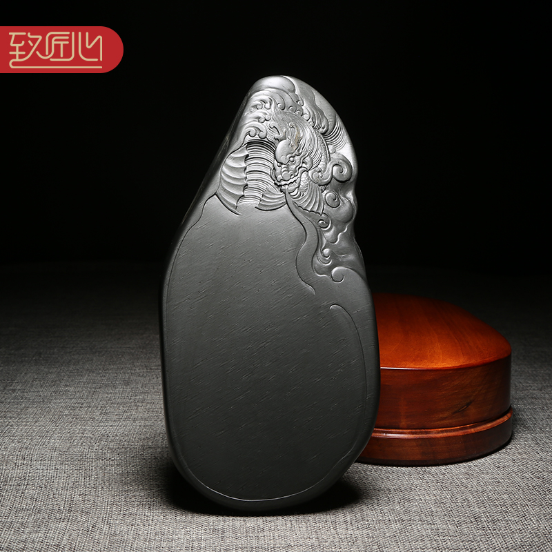 【名师名砚】徽州歙砚老坑珍藏仿古砚/祥龙献瑞/高档送礼手工雕刻天然原石老坑罗纹砚台文房四宝毛笔磨墨砚台