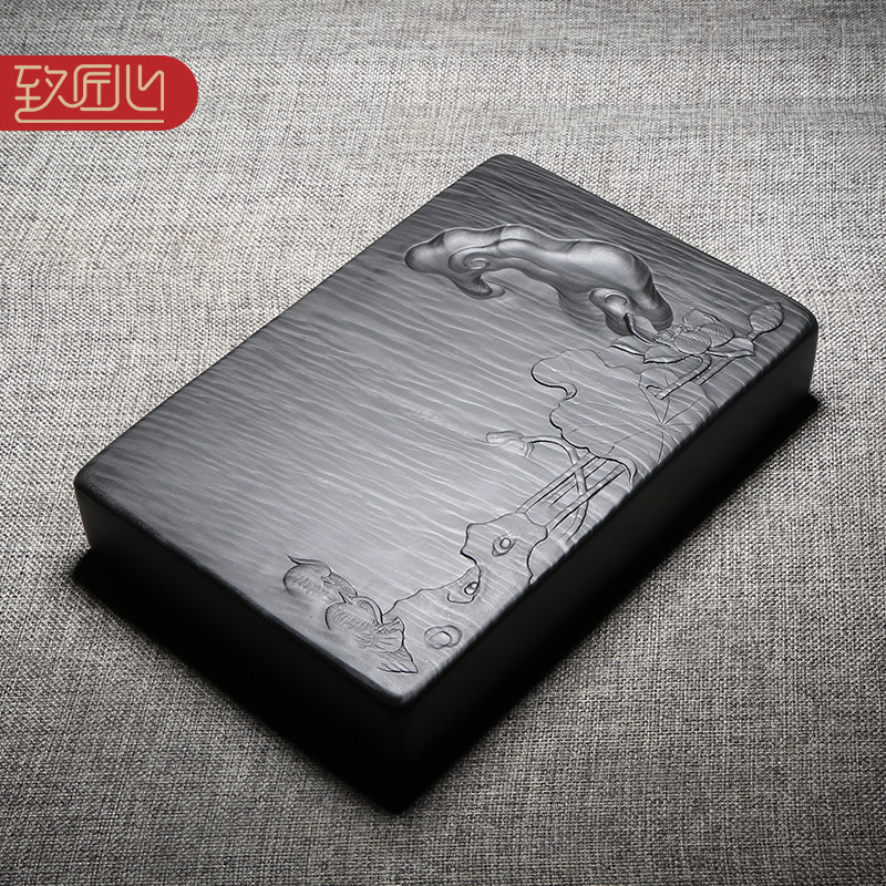 匠心非遗名师作品歙砚眉纹砚石手工雕刻砚台原石天然龙尾砚并肩端砚收藏礼品送礼佳品高档老坑砚台荷塘清趣