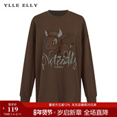 ELLY 衣衫 妙影卫女2025秋冬新款 YLLE 中长款 宽松直筒圆领休闲上衣