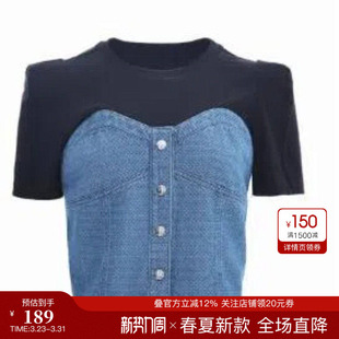 衣衫 拼接牛仔短款 妙影撞色短袖 新款 T恤上衣 夏季 YLLEELLY