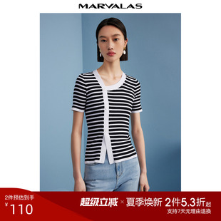 打底衫 曼德诗黑白条纹针织T恤女2025夏季 套头短款 新款 斜边V领短袖