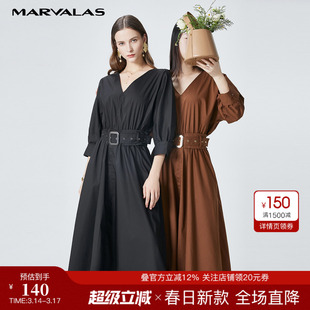 曼德诗黑色连衣裙女2026新款夏季中长款V领中袖气质法式长裙